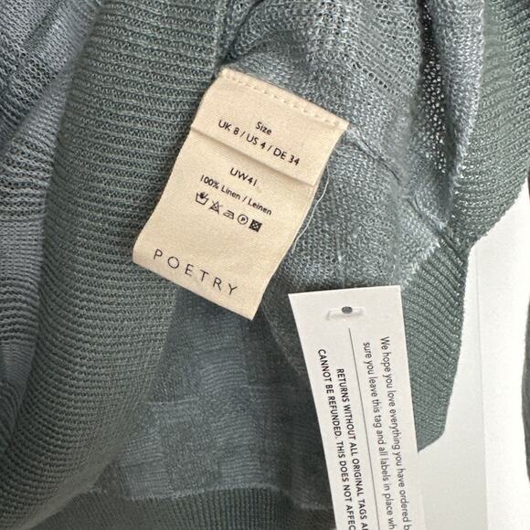 Poetry 100% Linen Bell-Shaped Sleeve Blue/Green Geometric Sweater, Size 4, NWT - Picture 6 of 10